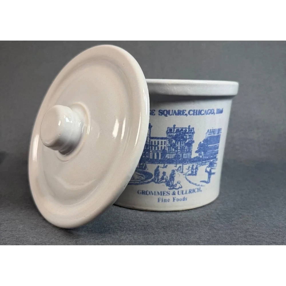 Grommes & Ullrich Fine Foods Chicago‎ 1866 Ceramic Crock with Lid Blue White